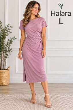 Halara Women's L Mauve Ruched Short Sleeve Stretch Midi Dress Side Slit